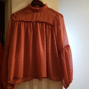 Sheer pink top with bubble, long sleeves.